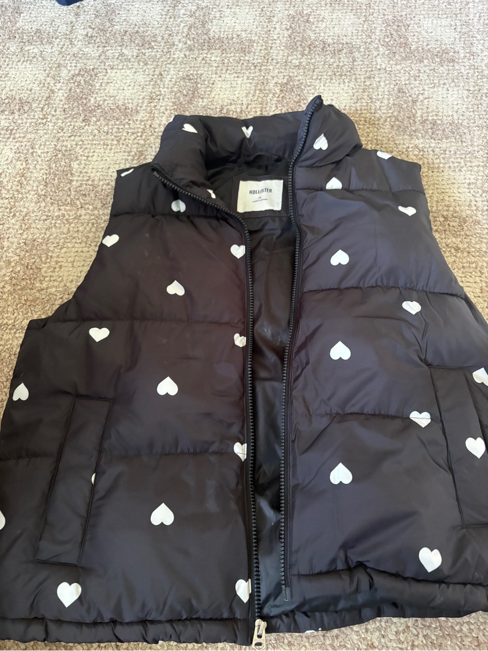 Hollister Black Puffer Vest with White Heart Print